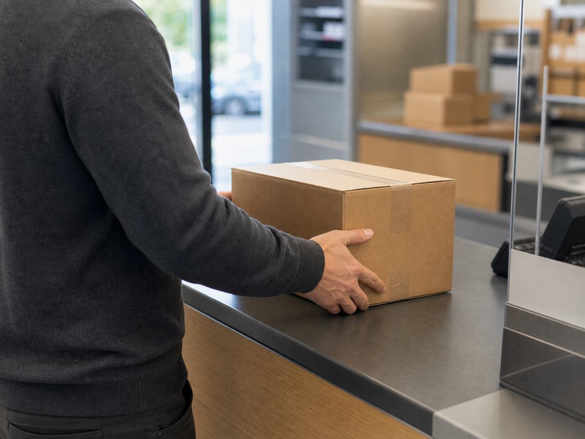 Paket wird ohne sichtbares Gesicht an einem Serviceschalter abgegeben