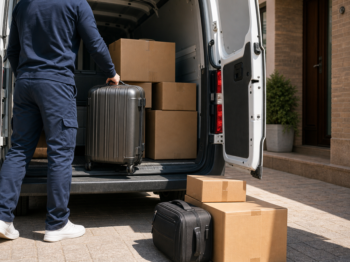 Pakete und Koffer werden ohne sichtbares Gesicht in einen Transporter geladen