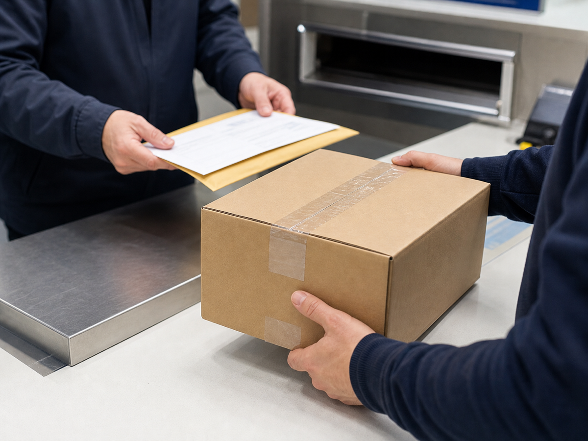 Paket und Unterlagen werden ohne sichtbares Gesicht am Postschalter übergeben