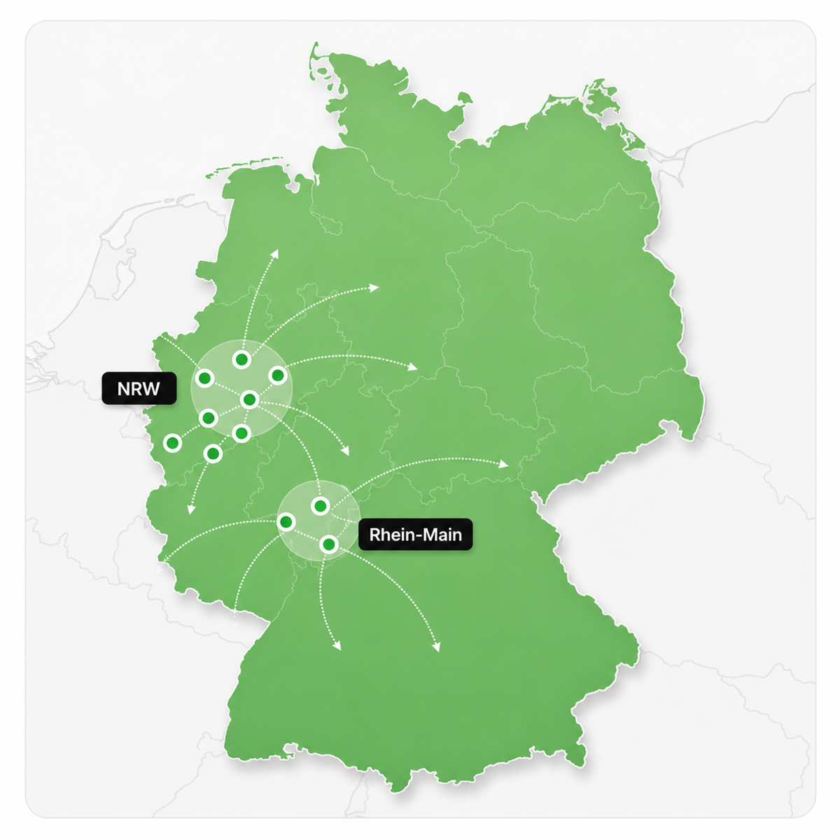 Karte von Deutschland mit markierten Abgaberegionen in NRW und Rhein-Main