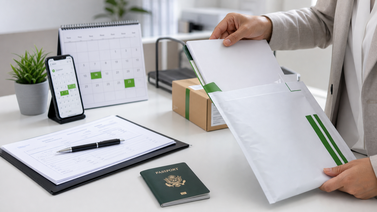 Expressumschlag, Terminplan und Unterlagen für schnelle Bearbeitung